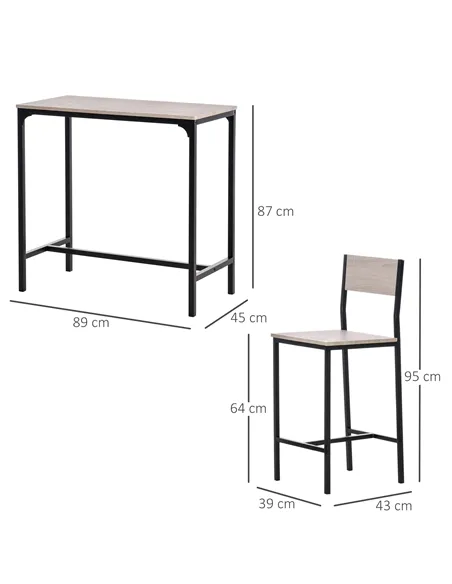 HOMCOM 3 Pcs Table Stool Set Industrial Design w/ Metal Frame Oak Tone MDF Panels Minimal Compact Beautiful