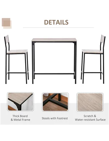 HOMCOM 3 Pcs Table Stool Set Industrial Design w/ Metal Frame Oak Tone MDF Panels Minimal Compact Beautiful