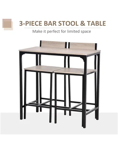 HOMCOM 3 Pcs Table Stool Set Industrial Design w/ Metal Frame Oak Tone MDF Panels Minimal Compact Beautiful