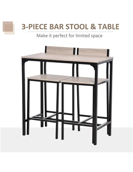 HOMCOM 3 Pcs Table Stool Set Industrial Design w/ Metal Frame Oak Tone MDF Panels Minimal Compact Beautiful