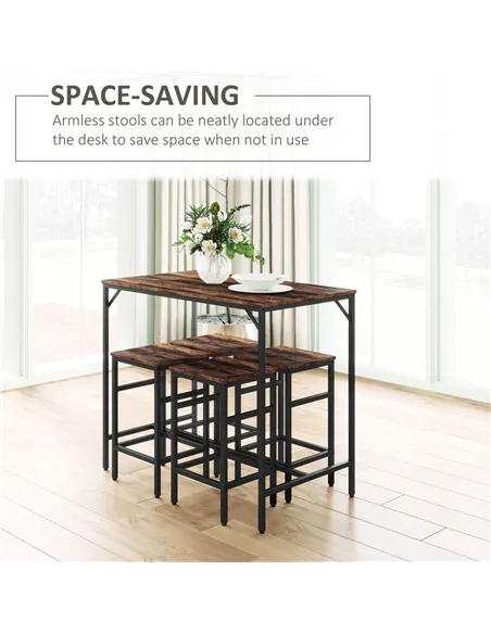 HOMCOM Industrial Rectangular Bar Table Set with 4 Stools for Dining Room, Kitchen, Dinette
