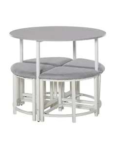 HOMCOM Modern Round Dining Table Set with 4 Upholstered Stools for Dining Room, Kitchen, Grey