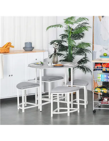 HOMCOM Modern Round Dining Table Set with 4 Upholstered Stools for Dining Room, Kitchen, Grey