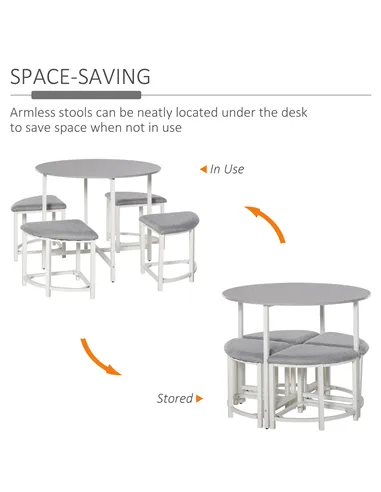 HOMCOM Modern Round Dining Table Set with 4 Upholstered Stools for Dining Room, Kitchen, Grey