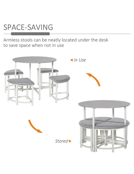 HOMCOM Modern Round Dining Table Set with 4 Upholstered Stools for Dining Room, Kitchen, Grey
