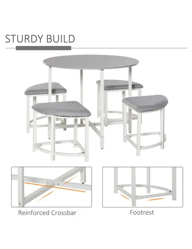 HOMCOM Modern Round Dining Table Set with 4 Upholstered Stools for Dining Room, Kitchen, Grey