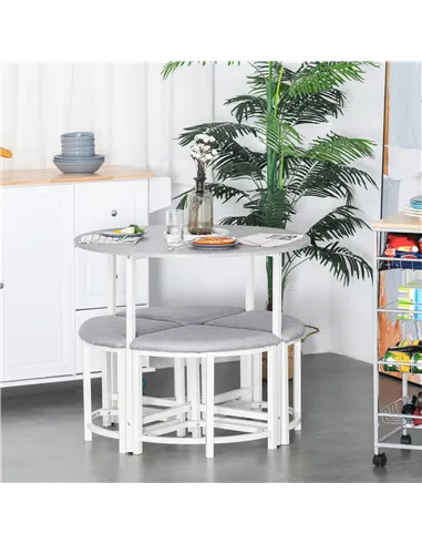 HOMCOM Modern Round Dining Table Set with 4 Upholstered Stools for Dining Room, Kitchen, Grey