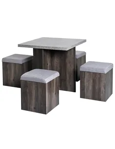 HOMCOM 5PC Dining Set Garden Patio Wooden Set 4 Storage Stools Footrest Ottoman with Cushions + 1 Table Space Saving Design Indo