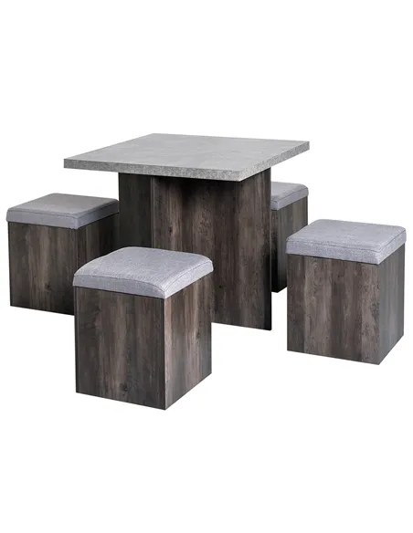 HOMCOM 5PC Dining Set Garden Patio Wooden Set 4 Storage Stools Footrest Ottoman with Cushions + 1 Table Space Saving Design Indo