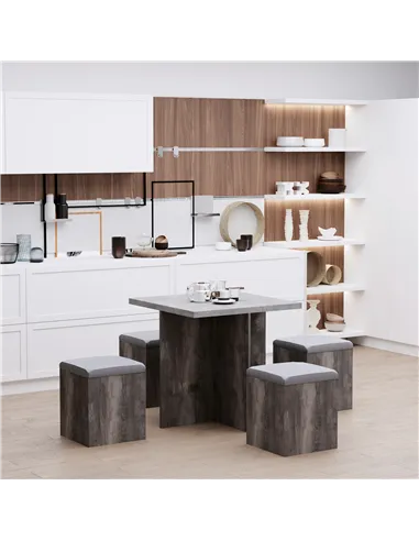 HOMCOM 5PC Dining Set Garden Patio Wooden Set 4 Storage Stools Footrest Ottoman with Cushions + 1 Table Space Saving Design Indo