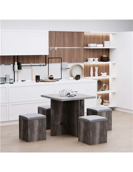 HOMCOM 5PC Dining Set Garden Patio Wooden Set 4 Storage Stools Footrest Ottoman with Cushions + 1 Table Space Saving Design Indo