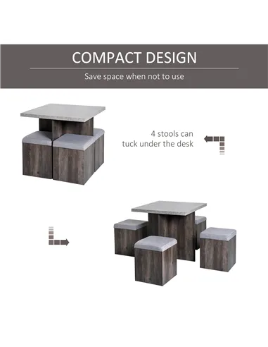 HOMCOM 5PC Dining Set Garden Patio Wooden Set 4 Storage Stools Footrest Ottoman with Cushions + 1 Table Space Saving Design Indo