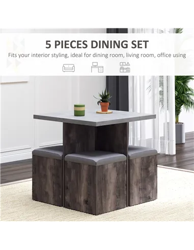 HOMCOM 5PC Dining Set Garden Patio Wooden Set 4 Storage Stools Footrest Ottoman with Cushions + 1 Table Space Saving Design Indo