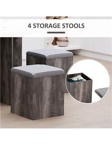 HOMCOM 5PC Dining Set Garden Patio Wooden Set 4 Storage Stools Footrest Ottoman with Cushions + 1 Table Space Saving Design Indo