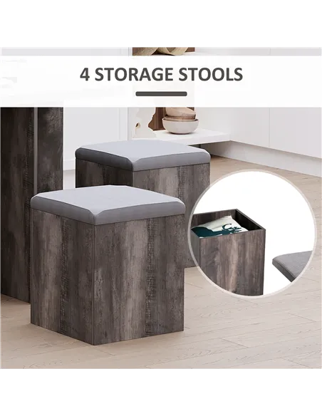 HOMCOM 5PC Dining Set Garden Patio Wooden Set 4 Storage Stools Footrest Ottoman with Cushions + 1 Table Space Saving Design Indo