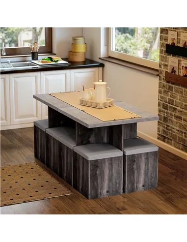 HOMCOM 5PC Dining Set Garden Patio Wooden Set 4 Storage Stools Footrest Ottoman with Cushions + 1 Table Space Saving Design Indo