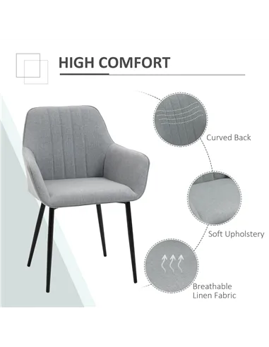 HOMCOM Dining Chairs Upholstered Linen Fabric Accent Chairs with Metal Legs, Set of 2, Light Grey
