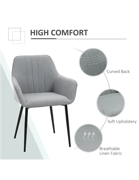 HOMCOM Dining Chairs Upholstered Linen Fabric Accent Chairs with Metal Legs, Set of 2, Light Grey