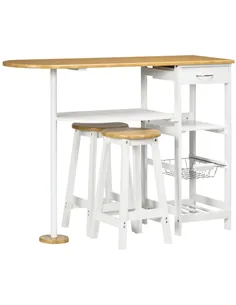 HOMCOM 3 Piece Bar Table Set, Breakfast Bar table and Stools with Storage Shelf, Drawer, Wire Basket and Wine Rack for Kitchen, 