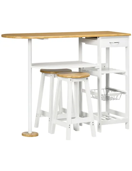 HOMCOM 3 Piece Bar Table Set, Breakfast Bar table and Stools with Storage Shelf, Drawer, Wire Basket and Wine Rack for Kitchen, 
