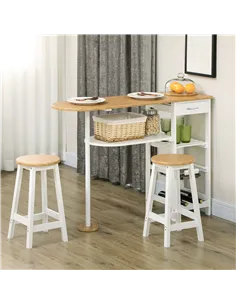 HOMCOM 3 Piece Bar Table Set, Breakfast Bar table and Stools with Storage Shelf, Drawer, Wire Basket and Wine Rack for Kitchen,  2