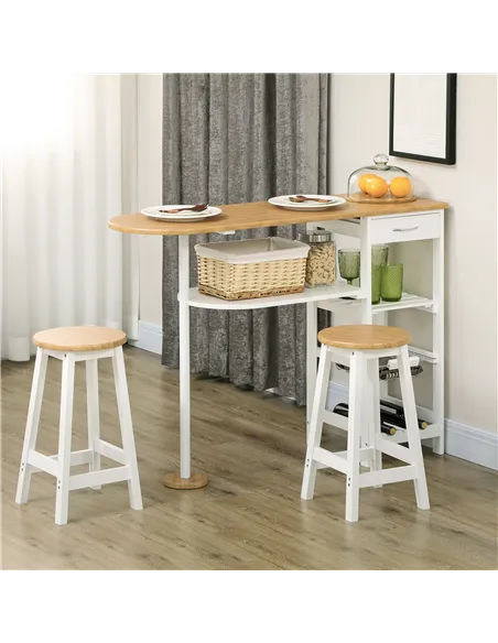 HOMCOM 3 Piece Bar Table Set, Breakfast Bar table and Stools with Storage Shelf, Drawer, Wire Basket and Wine Rack for Kitchen, 