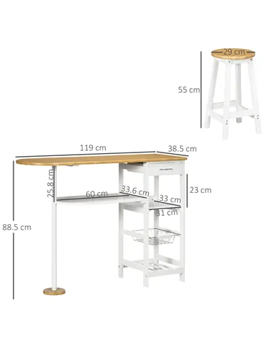 HOMCOM 3 Piece Bar Table Set, Breakfast Bar table and Stools with Storage Shelf, Drawer, Wire Basket and Wine Rack for Kitchen, 