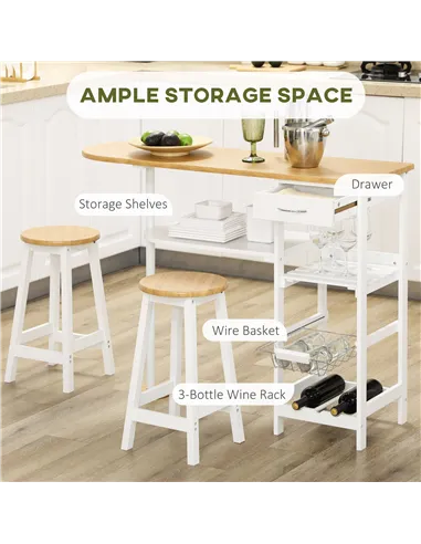 HOMCOM 3 Piece Bar Table Set, Breakfast Bar table and Stools with Storage Shelf, Drawer, Wire Basket and Wine Rack for Kitchen, 