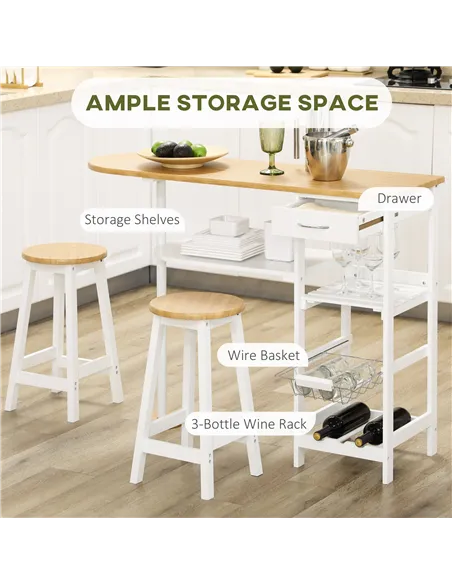 HOMCOM 3 Piece Bar Table Set, Breakfast Bar table and Stools with Storage Shelf, Drawer, Wire Basket and Wine Rack for Kitchen, 
