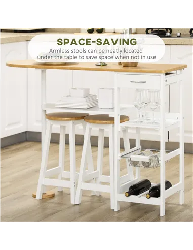 HOMCOM 3 Piece Bar Table Set, Breakfast Bar table and Stools with Storage Shelf, Drawer, Wire Basket and Wine Rack for Kitchen, 