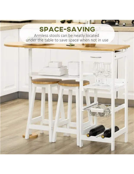 HOMCOM 3 Piece Bar Table Set, Breakfast Bar table and Stools with Storage Shelf, Drawer, Wire Basket and Wine Rack for Kitchen, 