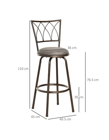 HOMCOM Set of 2 Bar Chairs Swivel Armless Upholstered Metal Frame Barstools with Backrest & Footrest, Bronze