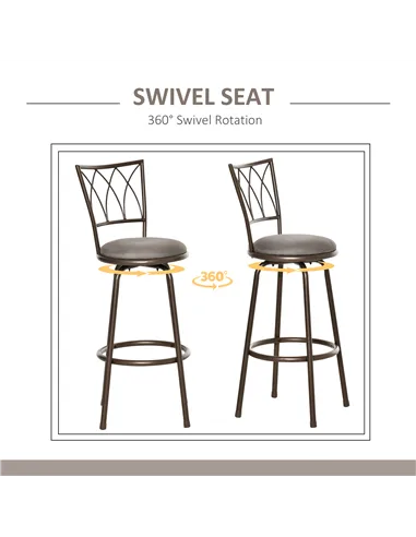 HOMCOM Set of 2 Bar Chairs Swivel Armless Upholstered Metal Frame Barstools with Backrest & Footrest, Bronze