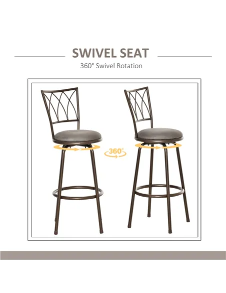 HOMCOM Set of 2 Bar Chairs Swivel Armless Upholstered Metal Frame Barstools with Backrest & Footrest, Bronze