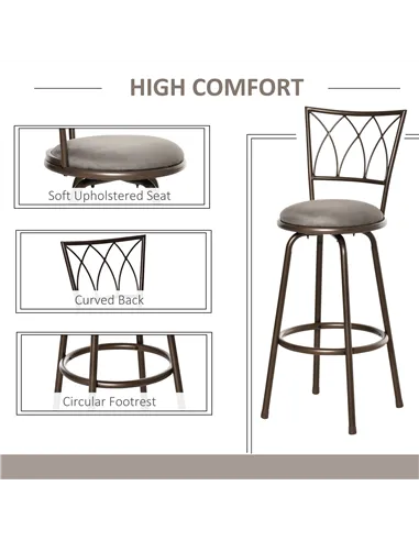 HOMCOM Set of 2 Bar Chairs Swivel Armless Upholstered Metal Frame Barstools with Backrest & Footrest, Bronze