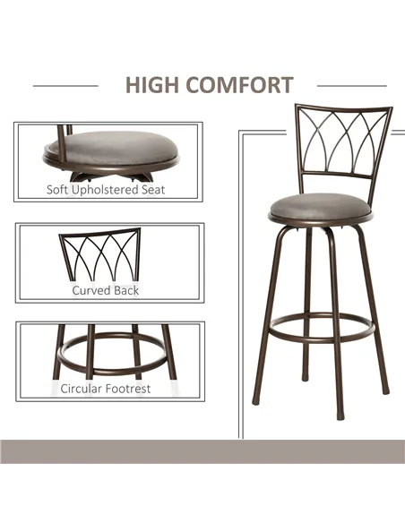 HOMCOM Set of 2 Bar Chairs Swivel Armless Upholstered Metal Frame Barstools with Backrest & Footrest, Bronze