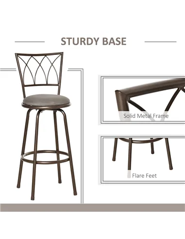HOMCOM Set of 2 Bar Chairs Swivel Armless Upholstered Metal Frame Barstools with Backrest & Footrest, Bronze
