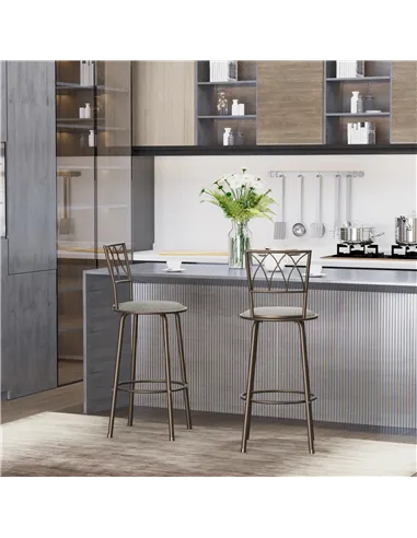 HOMCOM Set of 2 Bar Chairs Swivel Armless Upholstered Metal Frame Barstools with Backrest & Footrest, Bronze