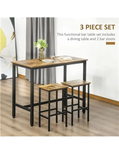 HOMCOM 120x60cm Bar Table Set, Breakfast Table with 2 Stools, 3-Piece Counter Height Dining Table & Chairs for Kitchen, Living R