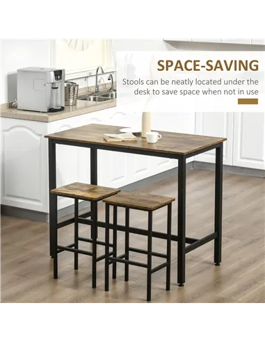 HOMCOM 120x60cm Bar Table Set, Breakfast Table with 2 Stools, 3-Piece Counter Height Dining Table & Chairs for Kitchen, Living R