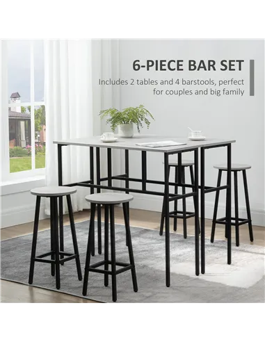 HOMCOM 6-Piece Bar Table Set, 2 Breakfast Tables with 4 Stools, Counter Height Dining Tables & Chairs for Kitchen, Living Room, 