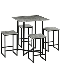 HOMCOM 5pc Bar Table Set, Square Dining Table Set for 4 People, Home Kitchen Breakfast Bar Set with Steel Frame and Footrest, Co
