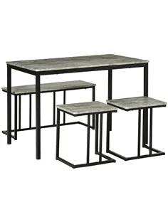 HOMCOM Dining Table and Chairs Set for 4 People, Concrete Effect Kitchen Table and Bench Set with Steel Frame, 4 Piece Dining Ro