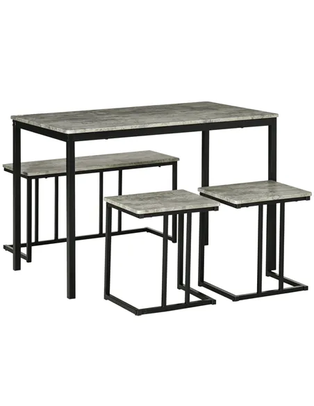 HOMCOM Dining Table and Chairs Set for 4 People, Concrete Effect Kitchen Table and Bench Set with Steel Frame, 4 Piece Dining Ro