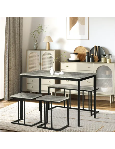 HOMCOM Dining Table and Chairs Set for 4 People, Concrete Effect Kitchen Table and Bench Set with Steel Frame, 4 Piece Dining Ro