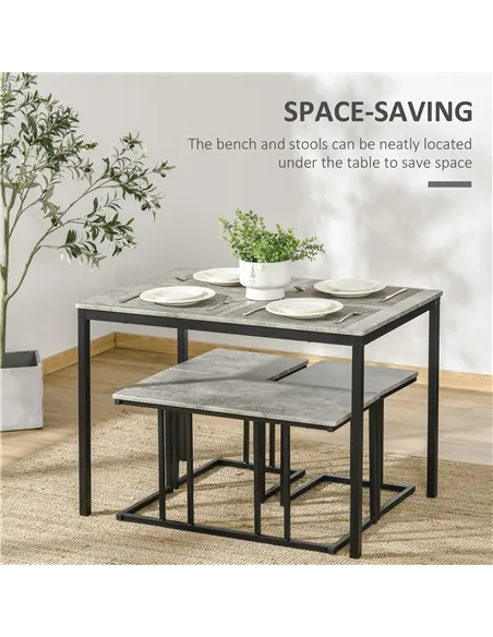 HOMCOM Dining Table and Chairs Set for 4 People, Concrete Effect Kitchen Table and Bench Set with Steel Frame, 4 Piece Dining Ro