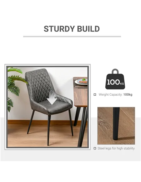 HOMCOM Retro Dining Chair Set of 2, PU Leather Upholstered Side Chairs for Kitchen Living Room with Metal Legs, Grey