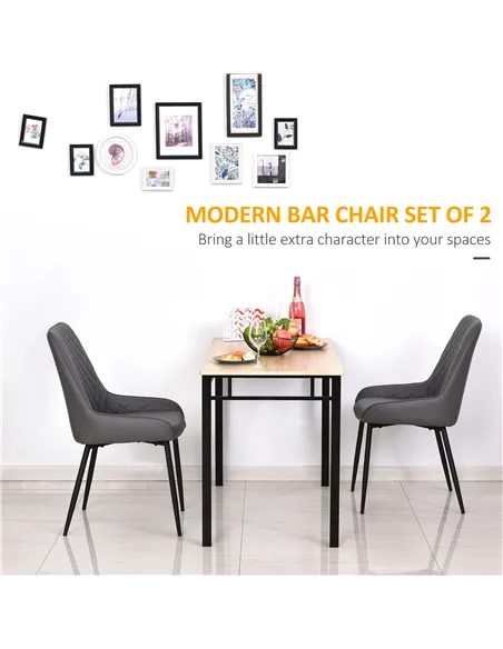 HOMCOM Set Of 2 Quilted PU Leather Dining Chairs with Metal Frame 4 Legs Foot Caps Home Seating Modern Stylish Executive Grey