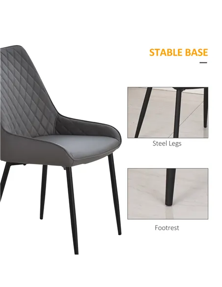 HOMCOM Set Of 2 Quilted PU Leather Dining Chairs with Metal Frame 4 Legs Foot Caps Home Seating Modern Stylish Executive Grey