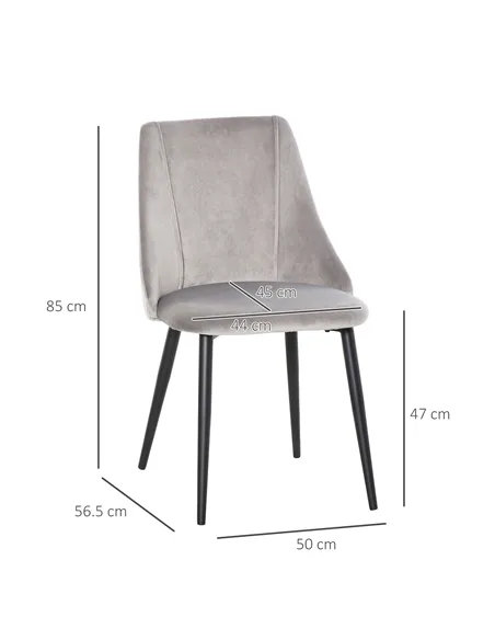 HOMCOM Dining Chairs Set of 2, Modern Upholstered Velvet-Touch Fabric Accent High Back Chairs with Metal Legs for Kitchen, Grey